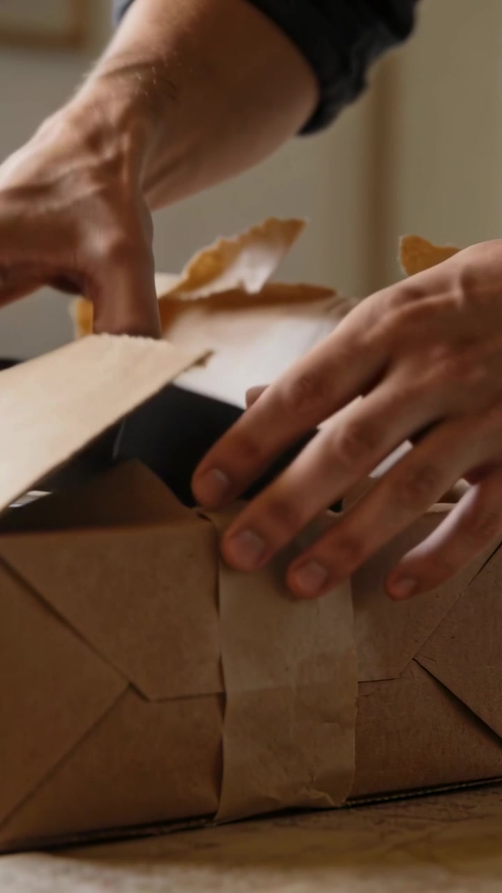 Vertical video: Placing parcel sleeved hands tearing paper opening box at home table showing phone