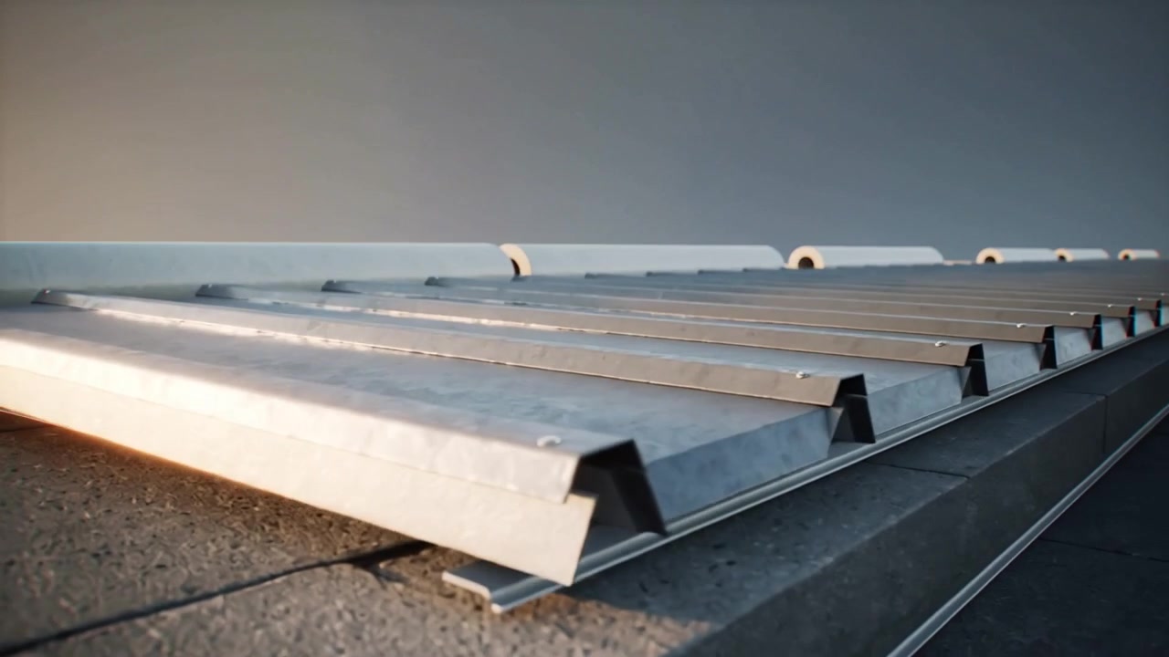 Mandskab trækker membranrulle, ruller membran ud, lægger brædder, fastgør metalpaneler og færdiggør tag.