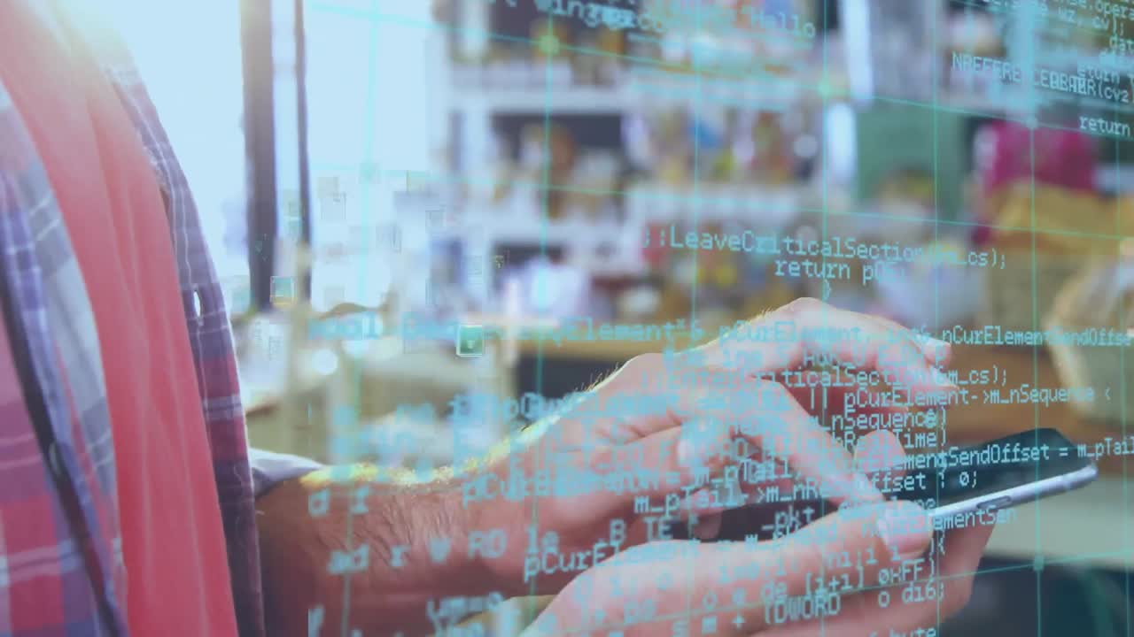 스마트폰을 사용하는 카우카스계 사업가에 대한 데이터 처리 애니메이션