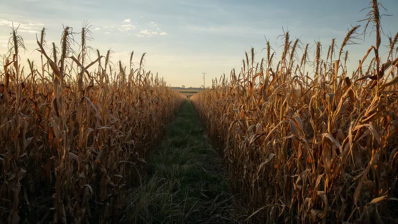 Camera starting forward tracking grassy path through corn rows on farm, leading toward utility pole