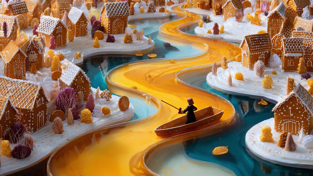 A Whimsical Journey Through a Candy-Laden Landscape: Enchanting Gingerbread Houses and a Meandering River of Sweetness Create a Magical Winter Scene