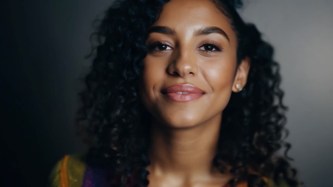 Retrato de uma jovem sorridente com cabelos encaracolados