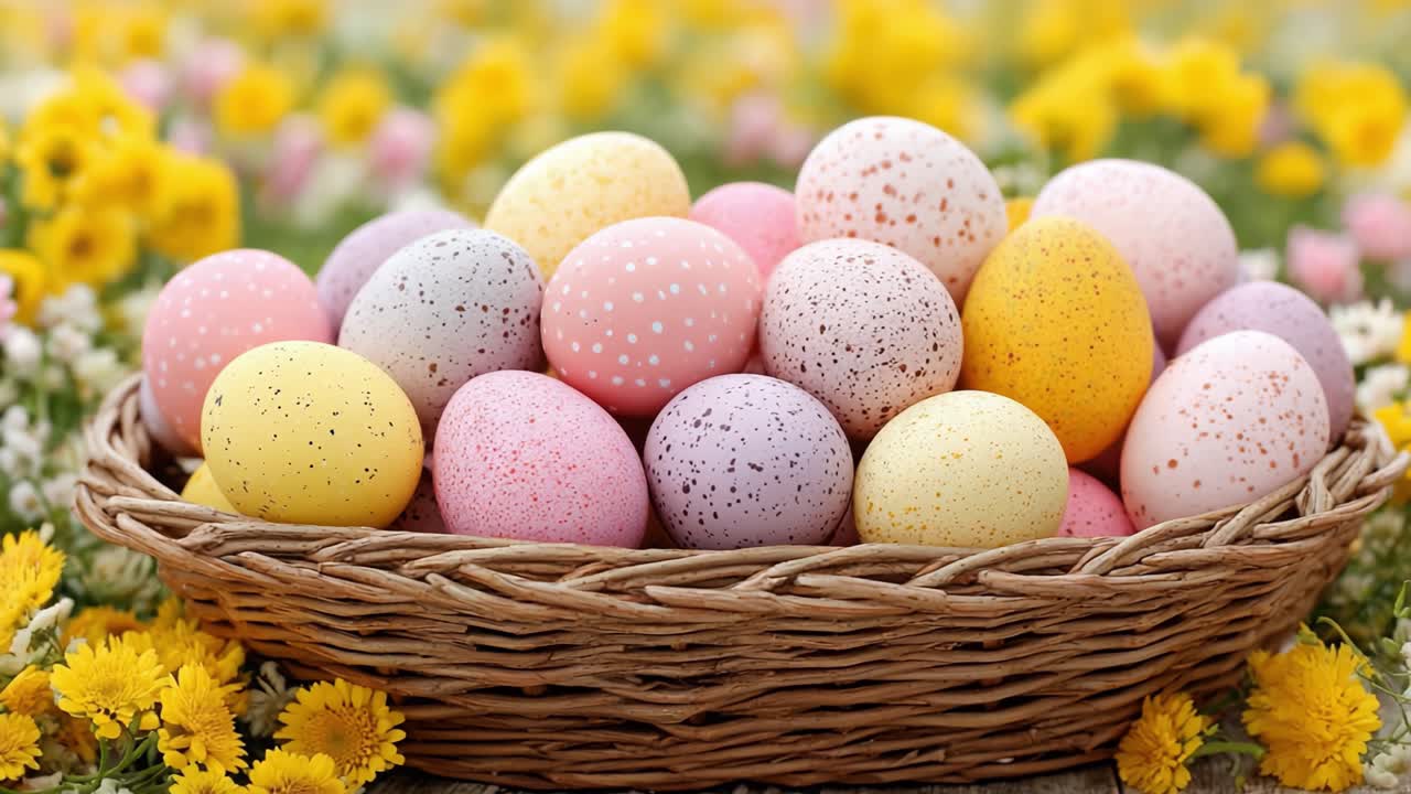 Coleção Vibrante de Ovos de Páscoa Coloridos Aninhados em uma Cesta Trançada Rodeada por Flores Alegres em um Cenário de Jardim Primaveril Animado