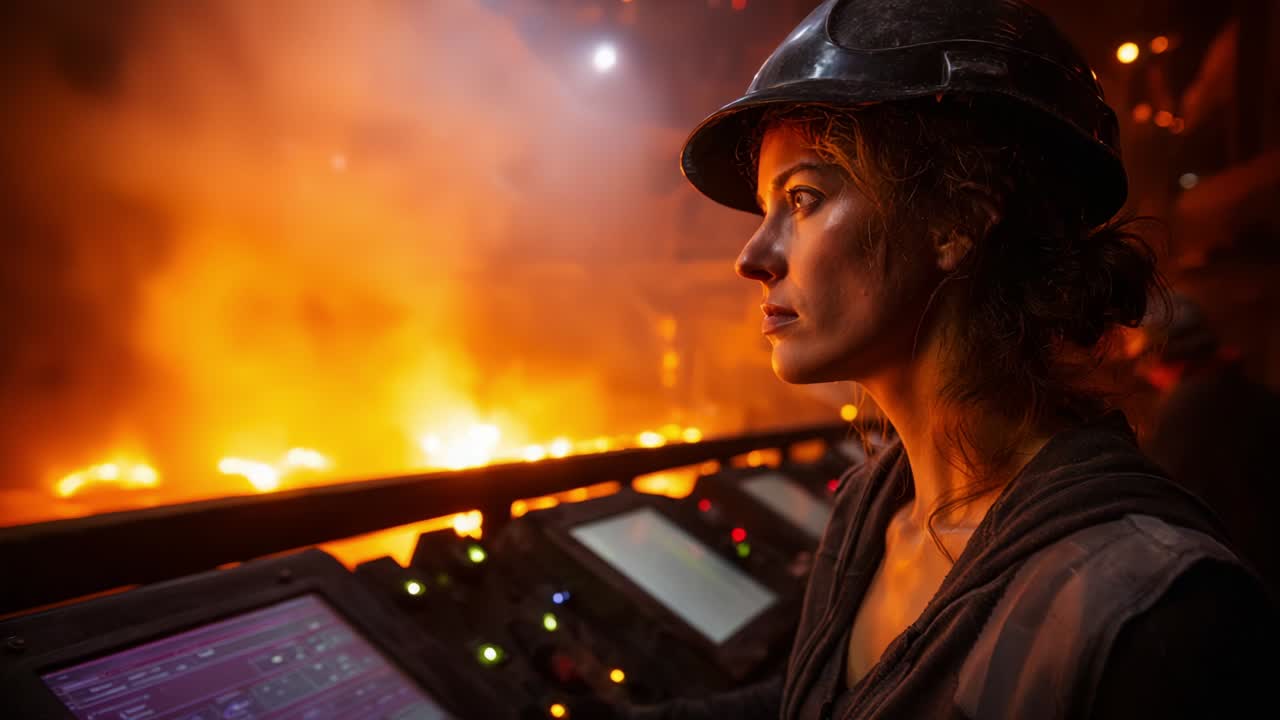 Amidst the Fiery Chaos of Industry, a Resolute Worker Stands Vigilant, Focused on the Control Panels, Navigating the Complexity of the Blaze, Showcasing Strength, Determination, and Courage Under Pressure