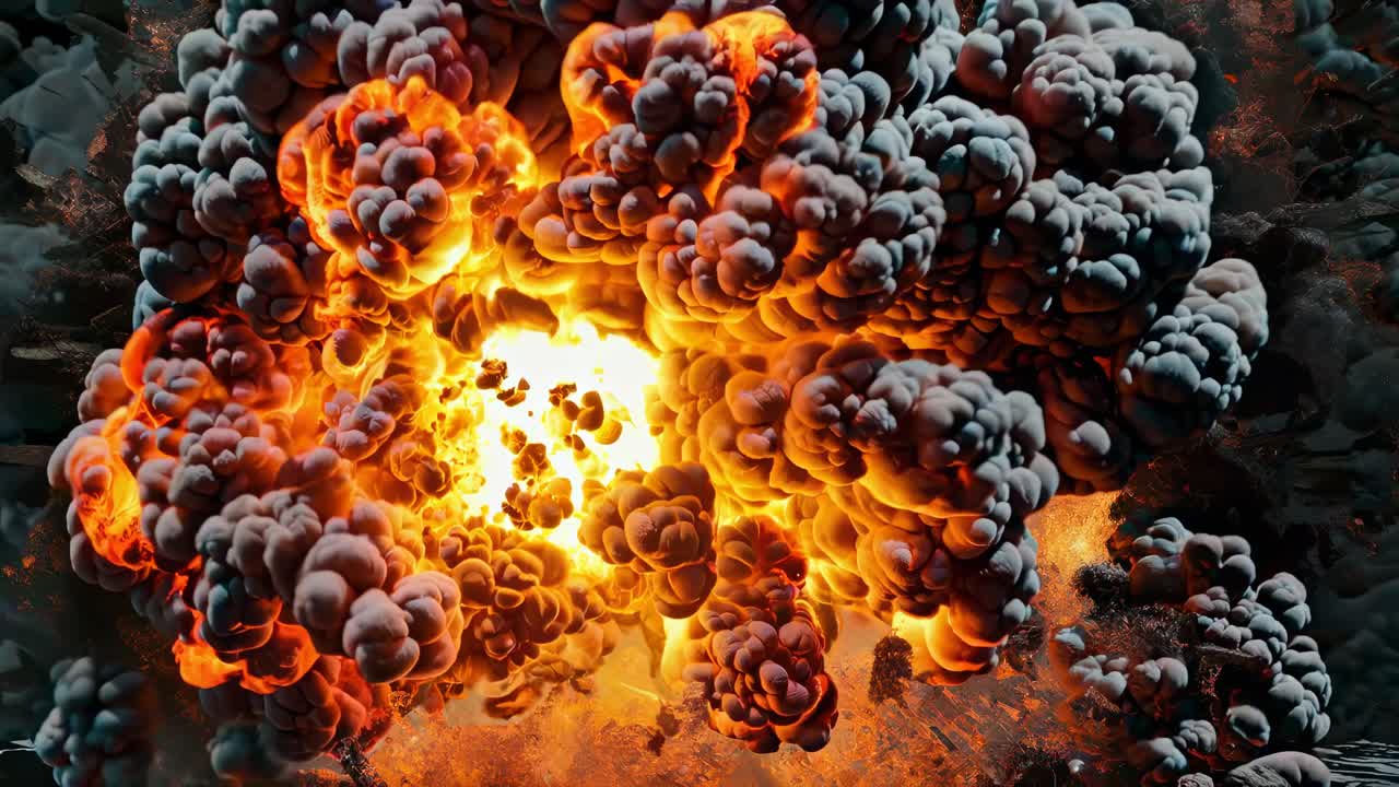 Esplosione dinamica ripresa dall'alto, che mostra fiammate e pennacchi di fumo.