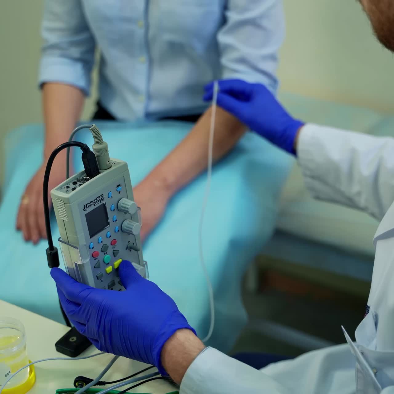 Doctor examines female patient reflex. Doctor scanning hand of female patient at office