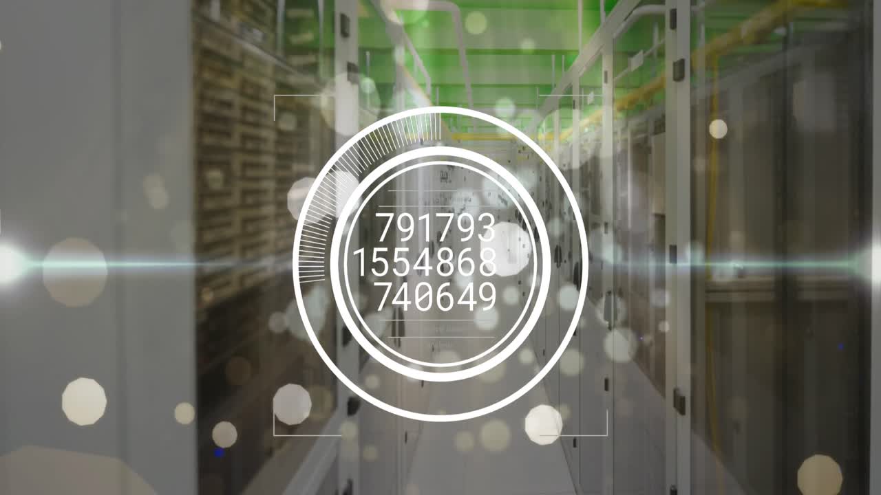 Animation of white spots and changing numbers over round scanner against computer server room