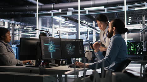 vertical video data center admins working together, collaborating on ai software development