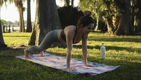 beautiful young woman concentrates on yoga at a park