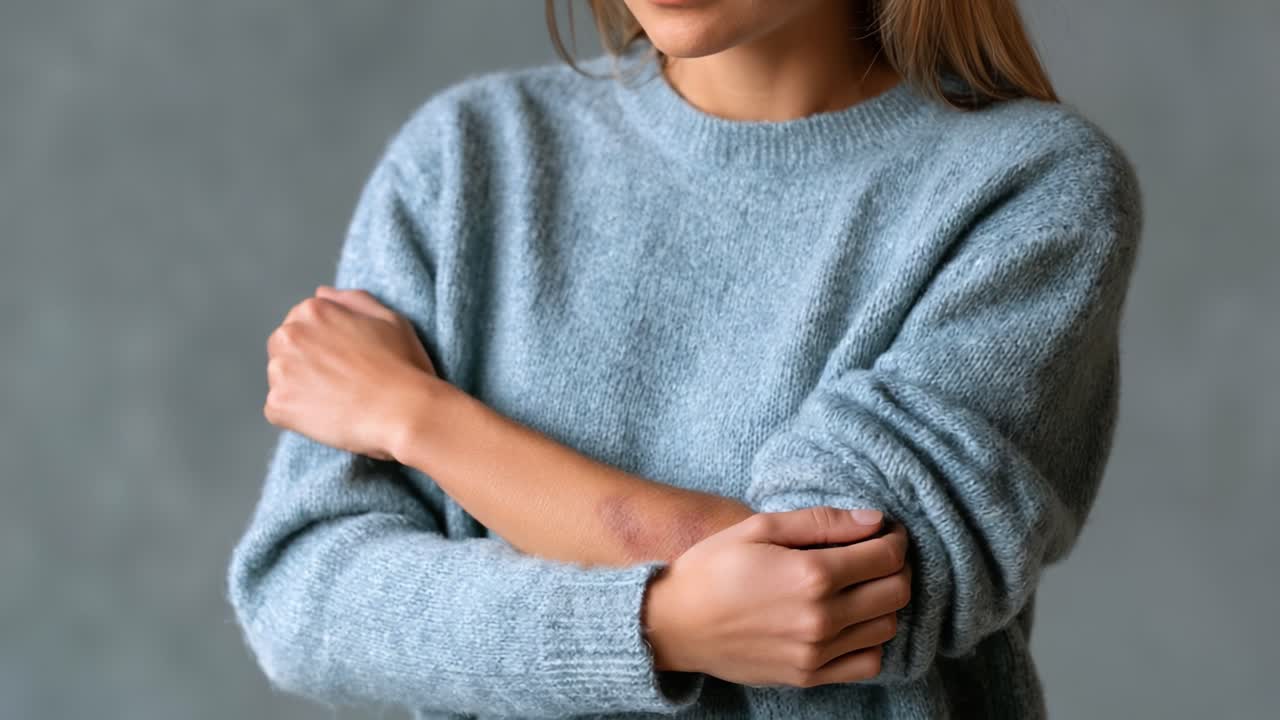 A woman in a cozy blue sweater embraces a moment of contemplation, radiating warmth and style against a muted background, captured in two thoughtful frames