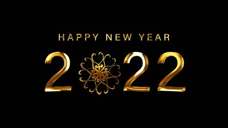 happy new year 2022 golden text with snowflakes banner loop animation isolated word on black background using quicktime alpha channel prores 4444. 4k 3d rendering seamless loop happy new year 2022 word isolate effect