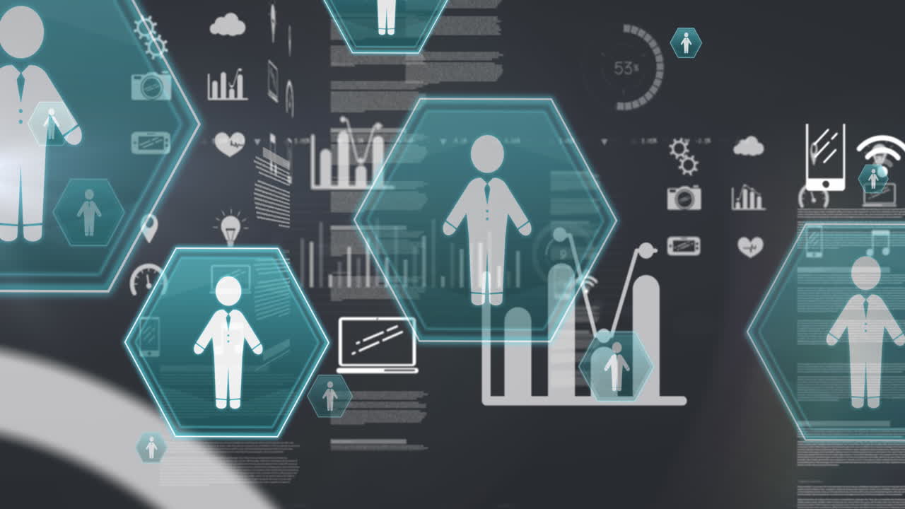 회색 배경의 빛 반점에 대해 떠다니는 디지털 아이콘의 애니메이션과 데이터 처리