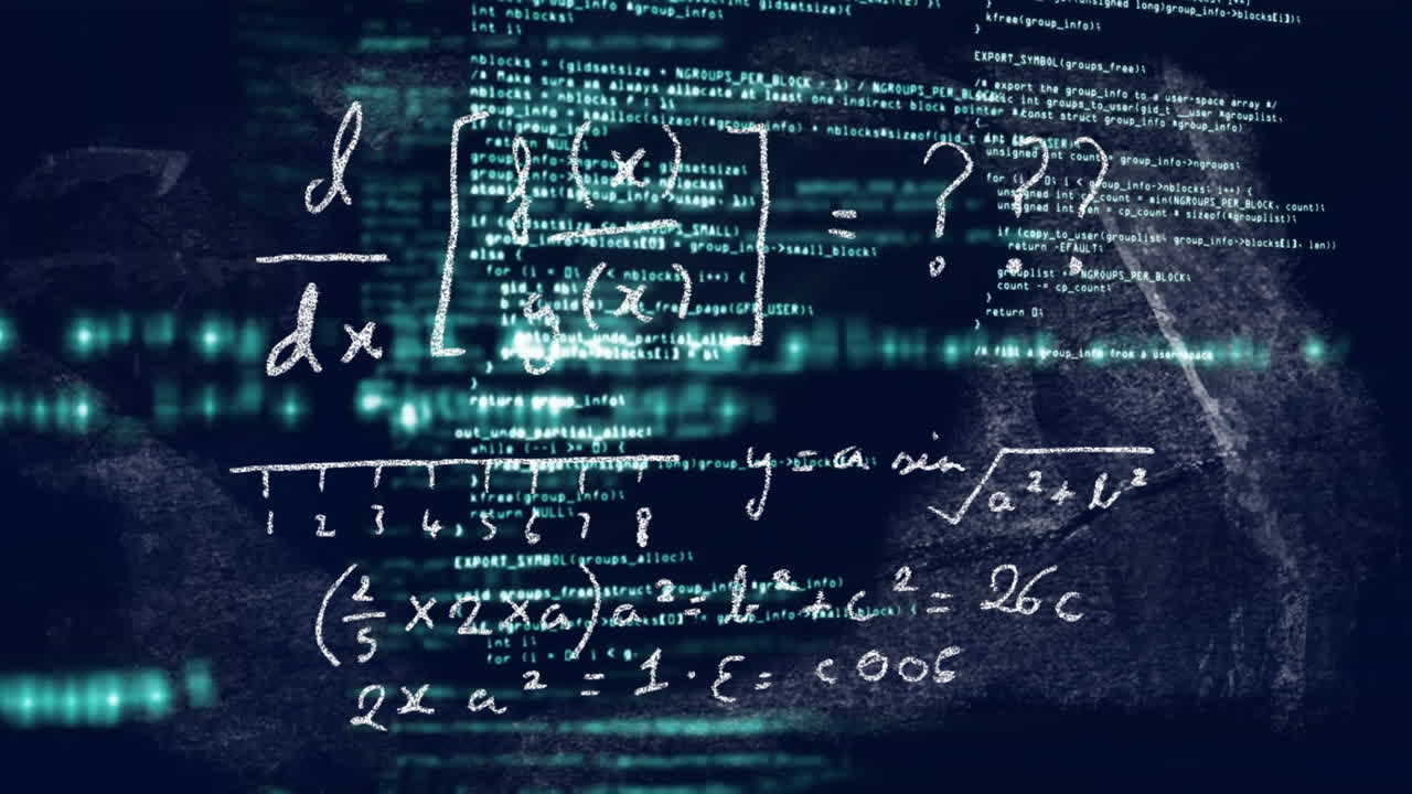 Mathematical equations and coding animation over digital data background