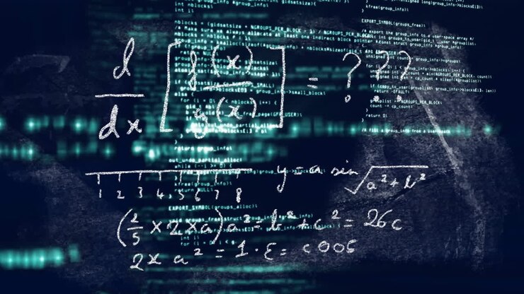 Mathematical equations and coding animation over digital data background