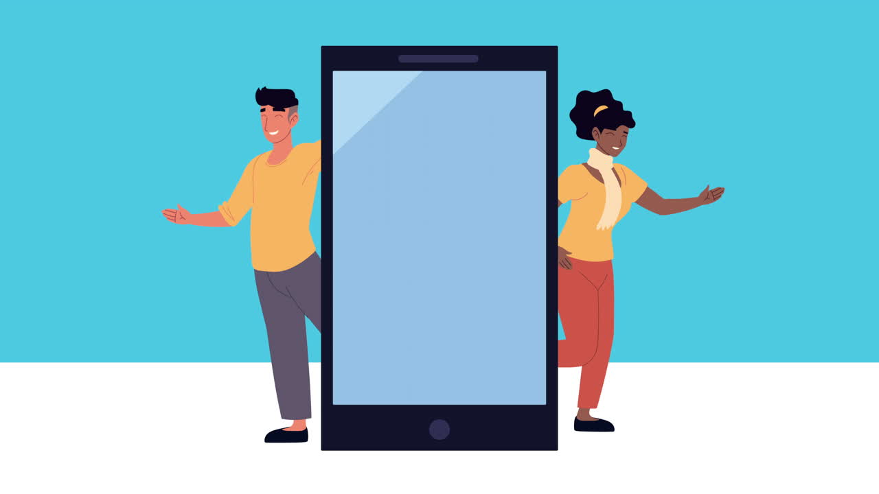 인종 간 커플과 스마트폰을 가진 최고의 친구 애니메이션