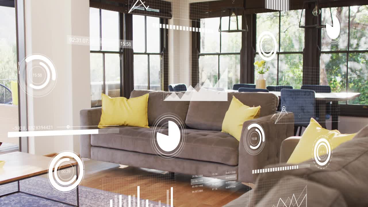 HUD overlays appearing and pulsing over gray sofa with yellow pillows, visualizing room data