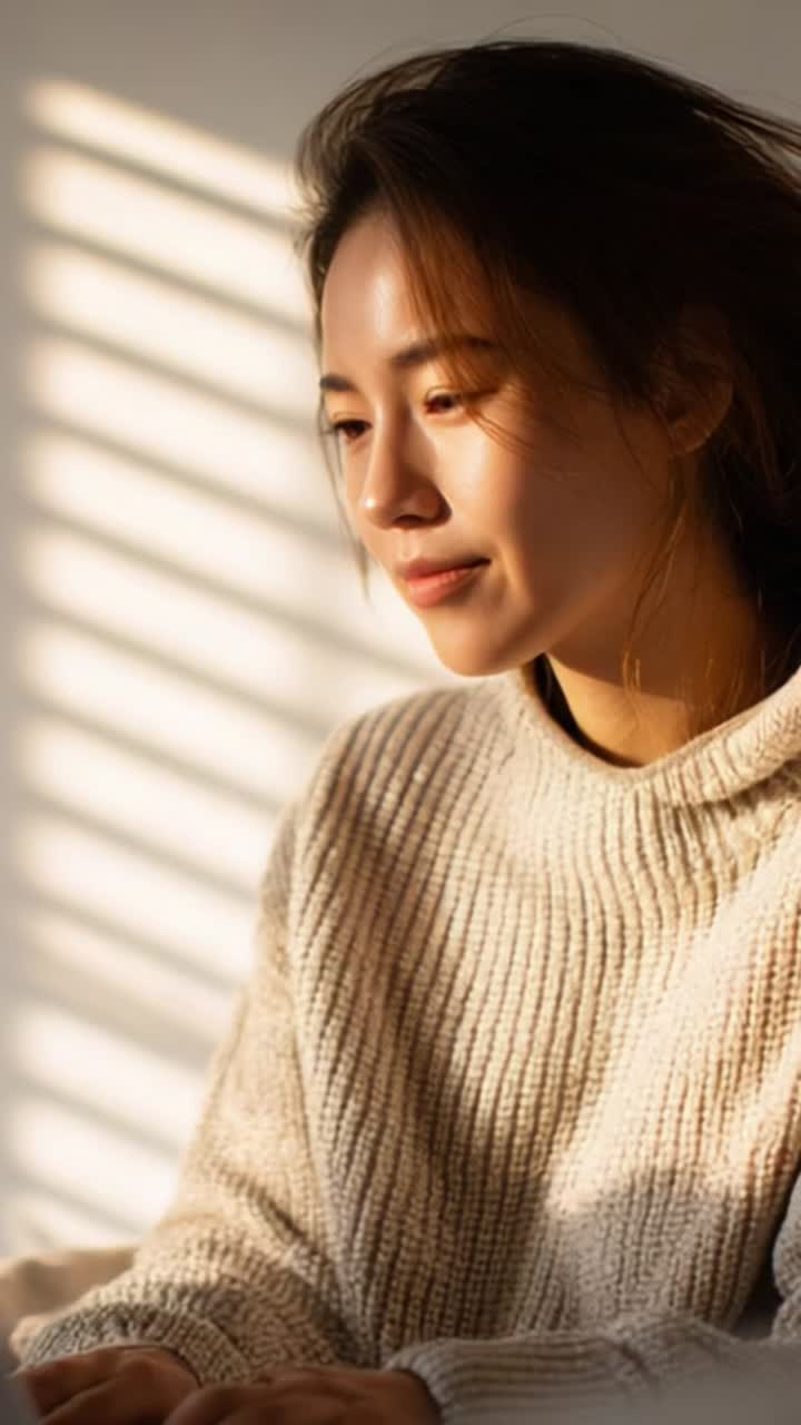 A tranquil moment captured in sunlight as a young woman in a cozy sweater gazes thoughtfully, illuminated by soft shadows from slatted blinds