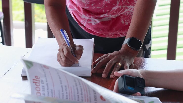 A person writes an order at a restaurant table in Phuket, Thailand, under natural daylight