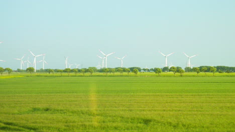 Paisaje-Panorámico-De-Parques-Eólicos:-Turbinas-Eólicas-En-Medio-Del-Cielo-Azul-Y-Campos-De-Colza-Verdes