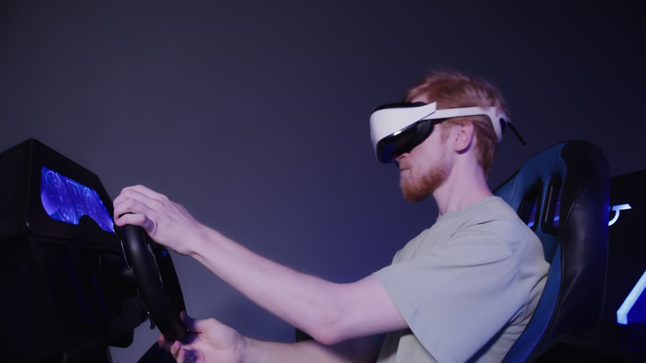 Man using VR headset in a driving simulator