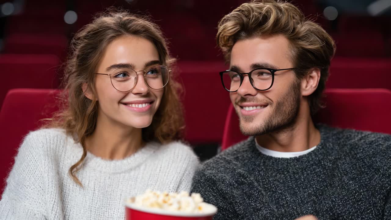Un momento gioioso condiviso tra due amici che gustano popcorn al cinema, catturando l'essenza dell'amicizia e del piacere cinematografico in un ambiente teatrale