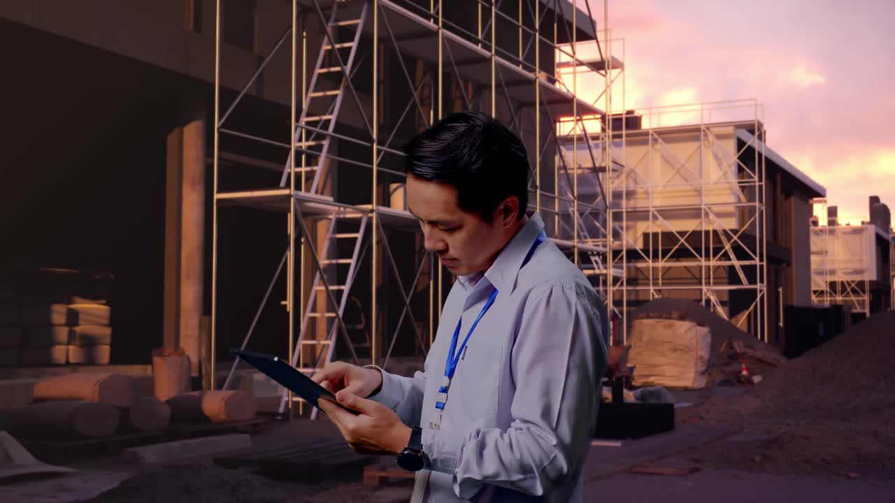 Side View Of An Asian Male Professional Worker At Construction Site in Progress to New House, Observes By Looking Up Before He Come To Concentrating On The Tablet And Keep On Checking
