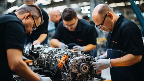 technicians carefully assembling engines in a factory
