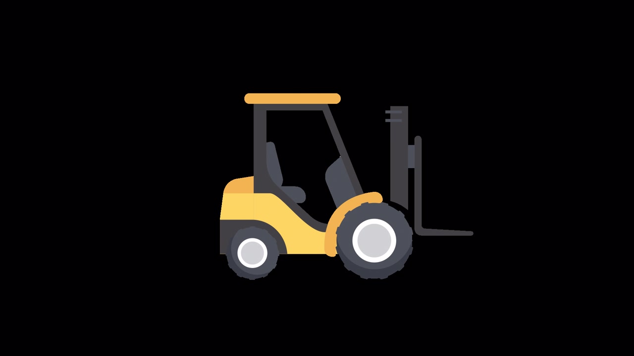 Animazione 2D in stile flat design di un carrello elevatore che assembla e disassembla.