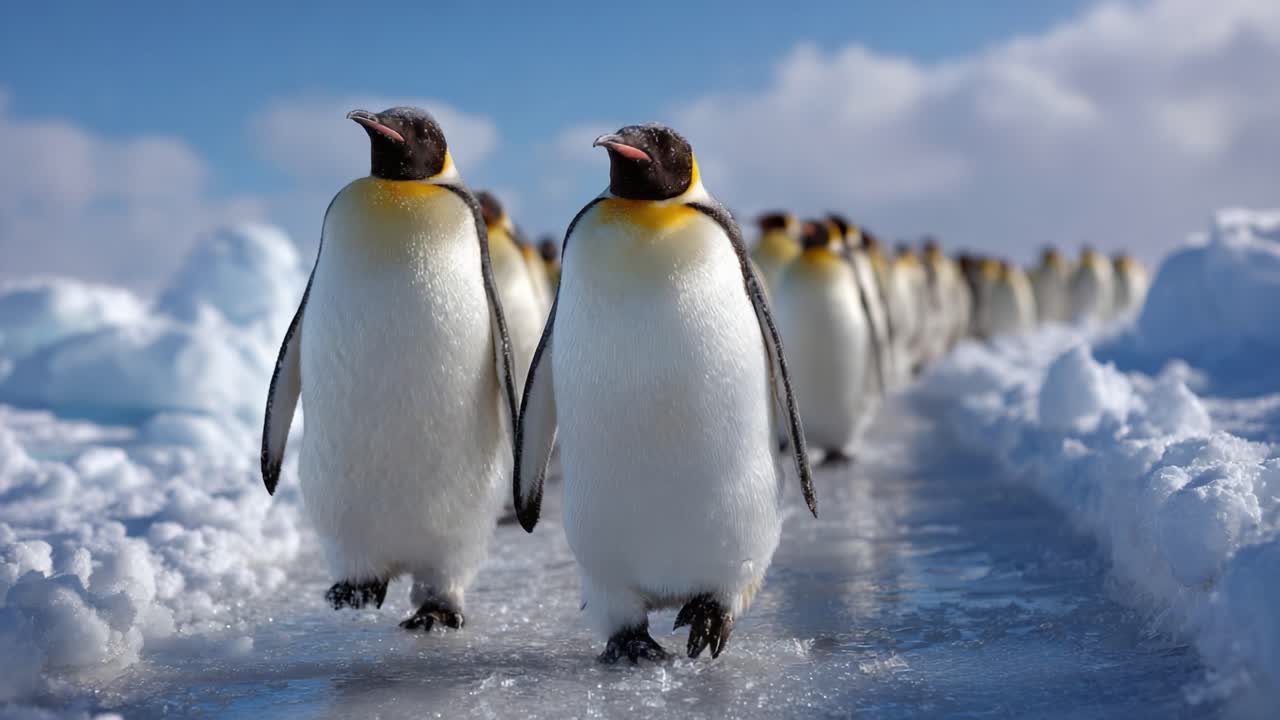 A Majestic Parade of Emperor Penguins Marching Through the Icy Landscape, Displaying Their Distinctive Colors and Social Behavior Amidst a Breathtaking Antarctic Setting