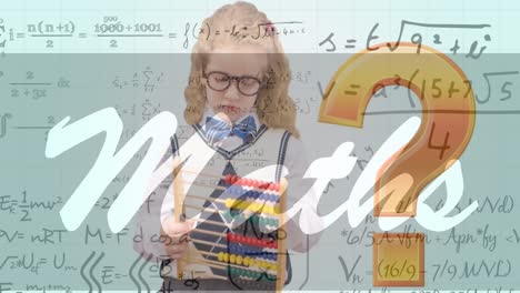 Animation-of-maths-text-and-mathematical-equations-over-caucasian-schoolgirl
