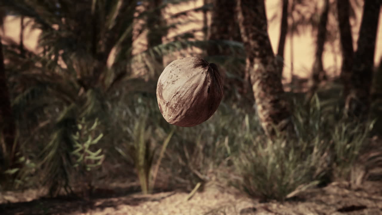 un coco colgando en el aire, rodeado de palmeras en un oasis del desierto