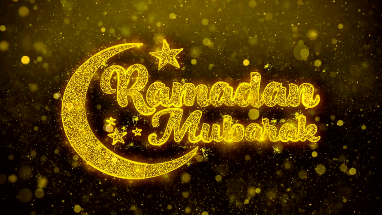 ramadán mubarak desea texto en el brillo dorado partículas de brillo animación
