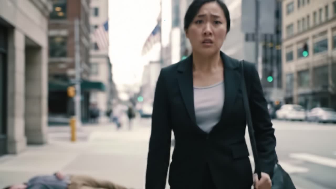 A woman in business attire hastily runs past a scene of concern on a city street, as another person lies motionless on the ground, highlighting urgency and tension.