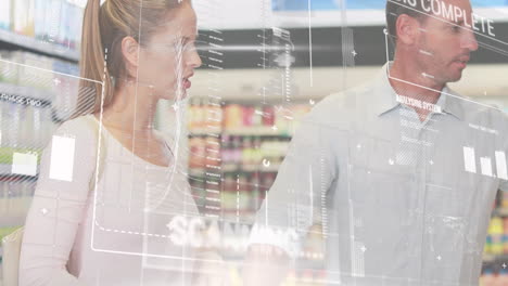 animation of interface with data processing over caucasian couple shopping together at grocery store