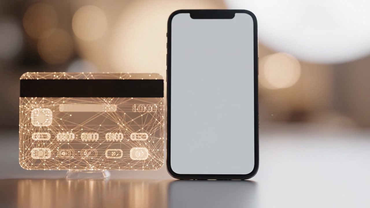 A modern smartphone paired with a transparent, illuminated credit card, showcasing digital finance technology and the seamless integration of mobile and payment solutions.