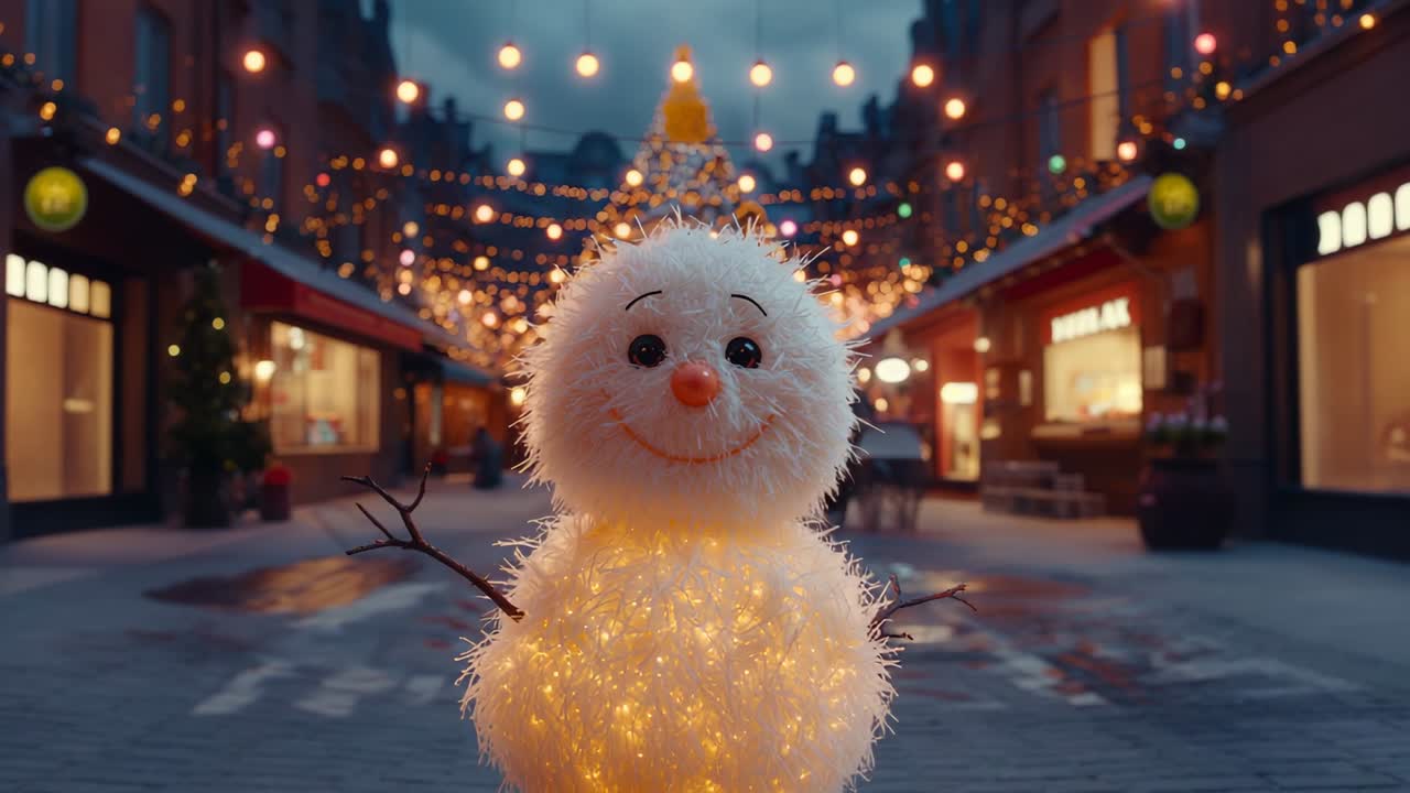 Opening on snowman, camera receding along market street revealing lit tree and twinkling bulbs