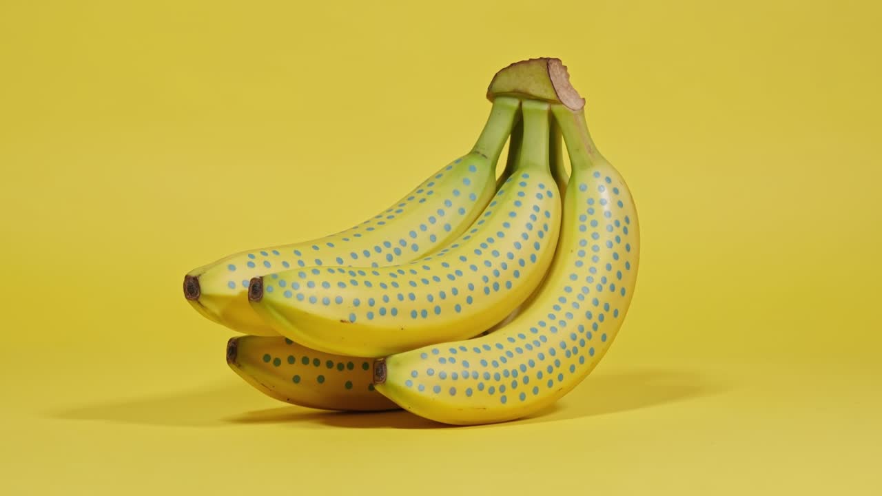 Kreatywne żółte banany z wzorem w niebieskie kropki na jasnym żółtym tle w stylu pop-art.