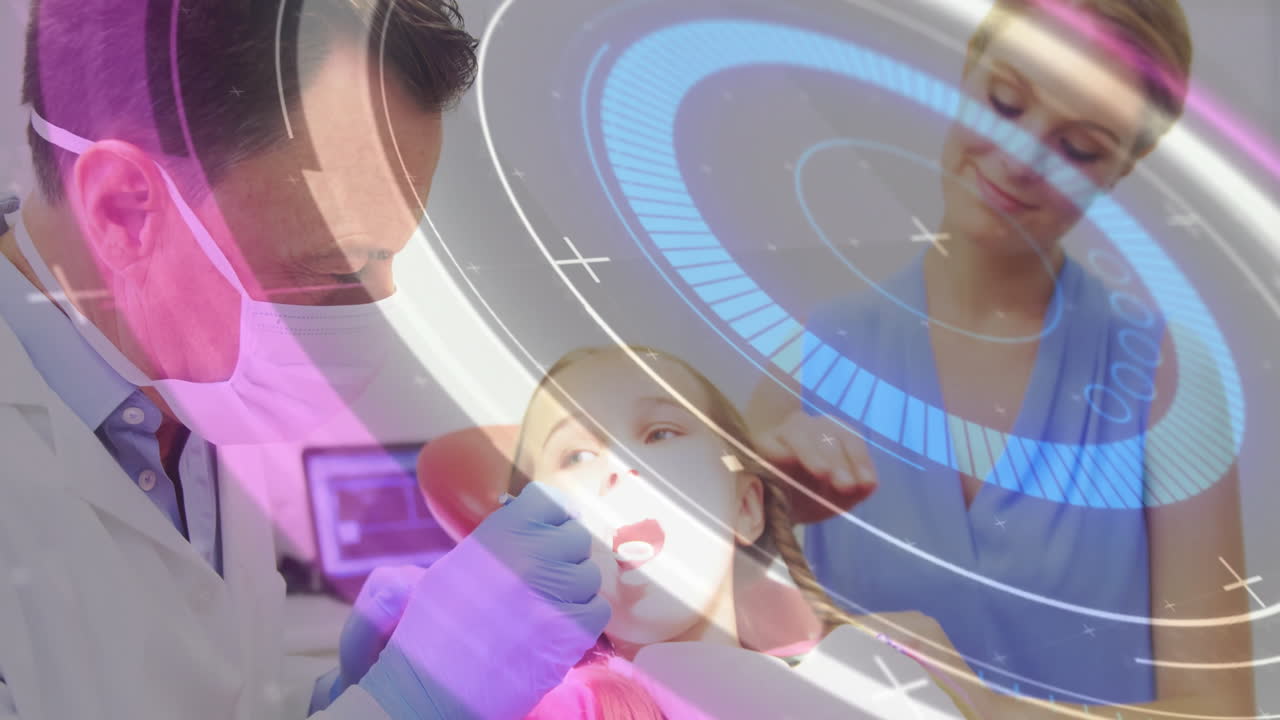 male dentist examining patient mouth in dental clinic, showing holographic rings and data overlays