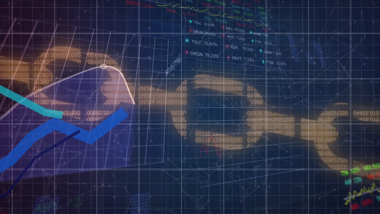 animación de gráficos, blockchain, puntos conectados por líneas y tablero de negociación sobre un fondo abstracto
