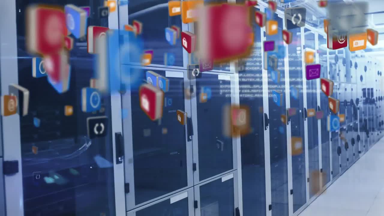 위로 날아가는 여러 디지털 아이콘의 애니메이션