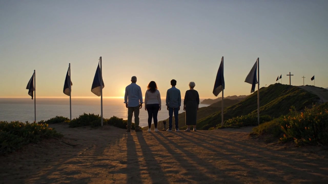 Familiegruppe nærmer seg klippekanten mens solen går ned, ser på havet, flagg