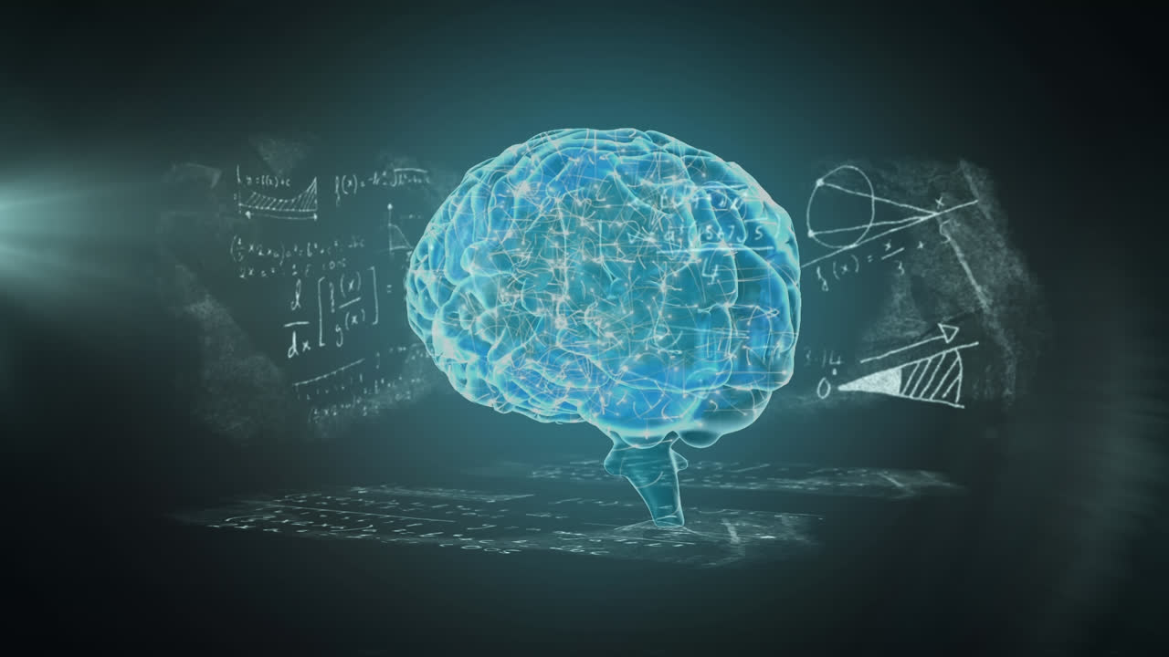 칠판에 손으로 쓰여진 수학 방정식의 애니메이션과 3d 뇌