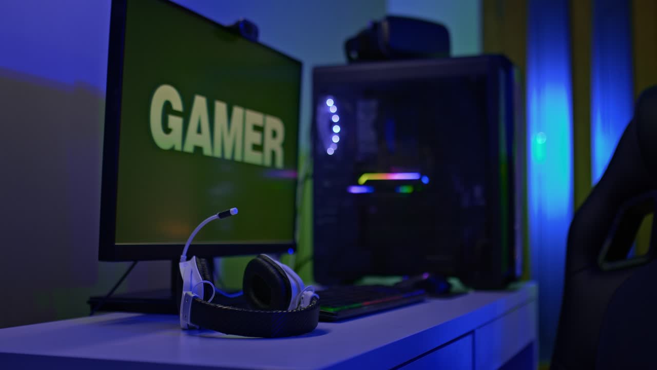 Close-up, a gamer's workplace, a large monitor, headphones with a microphone are on the table, a dark room with backlight for computer games. Computer chair is at the gamer's desk, a powerful processor. 4k, ProRes