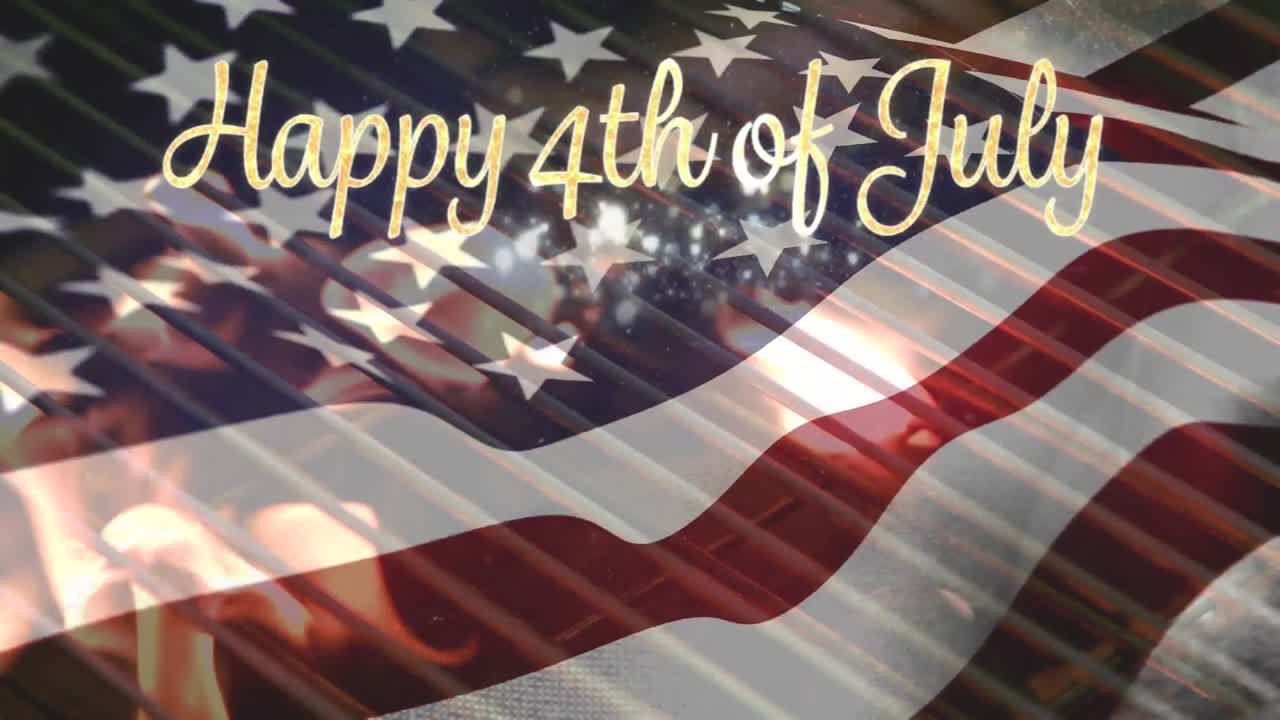 화재 그릴과 미국  ⁇ 발과 행복한 7월 4일 문자