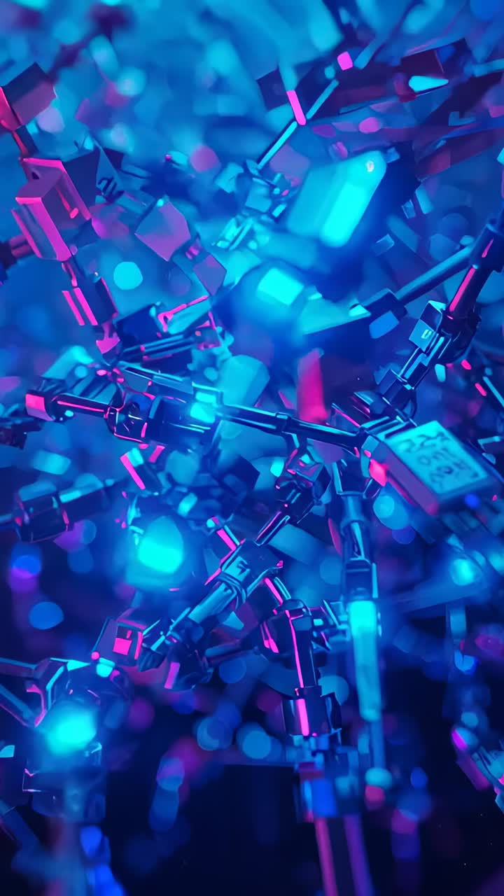 Vertical video: Starting inside void, camera drifting through neon mesh tunnel, with rods and cubes