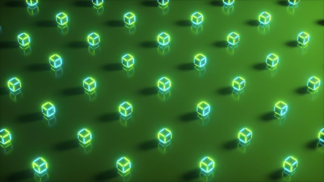 기하학적 모양의 추상적인 네온 3d 렌더링, 컴퓨터 생성 루프 애니메이션, 현대적인 다채로운 레이저 조명 배경, 원활한 4k 루프 모션 디자인