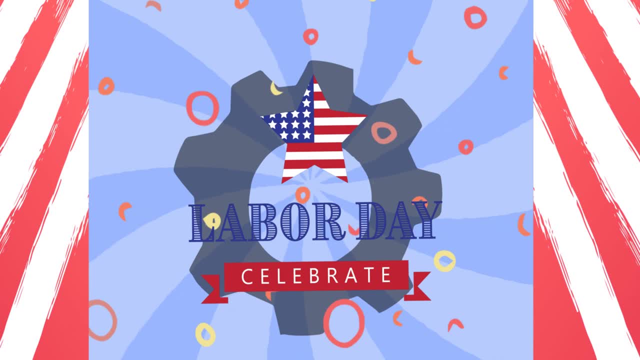 노동자의 날의 애니메이션은 모양 위에 텍스트를 축하합니다.