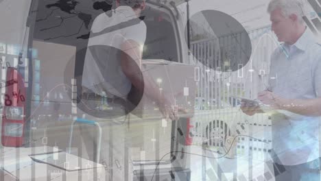 animation of statistics and financial data processing over delivery man and van
