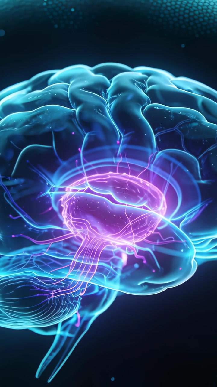Vertical video: Pulsing magenta core sending sparks via cyan brain filament in dark void for study