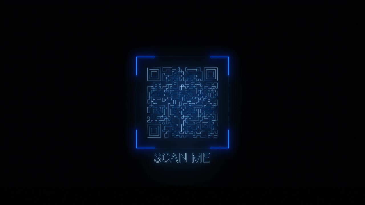 Glowing scan me qr visual with blue digital code square scanner corners and black interface space
